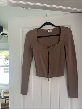 Abercrombie & Fitch Taupe Zip-Front Square-Neck Cardigan
